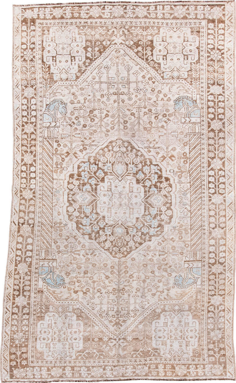 4' x 8' one-of-a-kind handmade vintage Shiraz rug. Color palette: brown, dark gray, gainsboro, gray, light blue, light gray