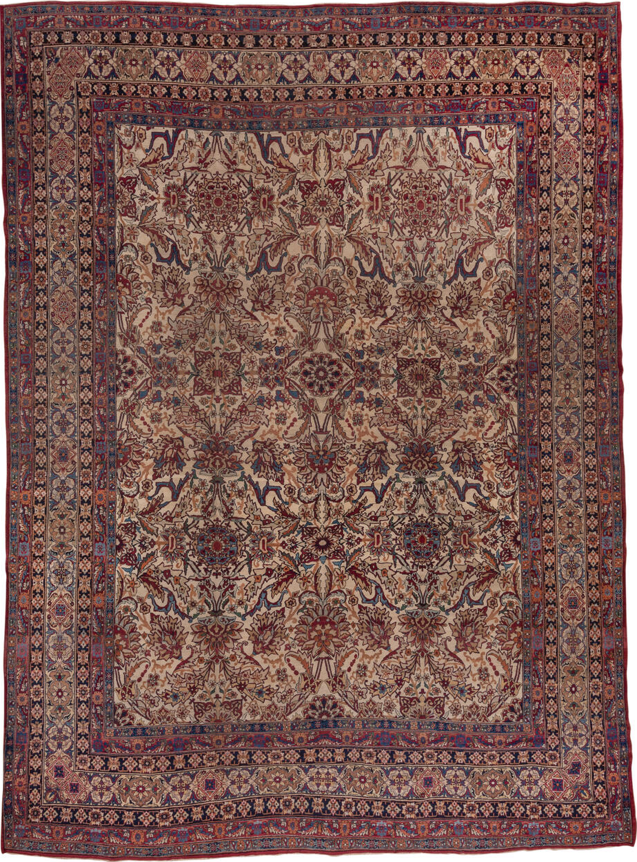 11' x 15' one-of-a-kind handmade vintage Lavar oversize rug. Color palette: black, blue, brown, gray, pink, red, redwood