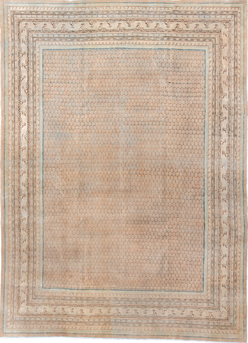 8' x 11' one-of-a-kind handmade vintage Mir large size rug. Color palette: brown, dim gray, gray, light gray, off-white