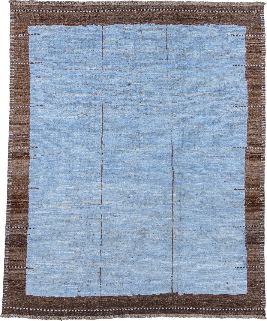 8' x 10' one-of-a-kind handmade vintage Tulu large size rug. Color palette: blue, brown, fiord, gray, light blue, light gray