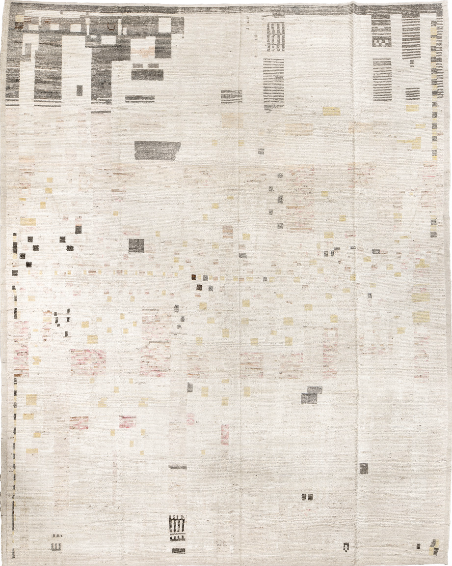 12' x 16' one-of-a-kind handmade vintage Tulu oversize rug. Color palette: beige, brown, floral white, gray, ivory