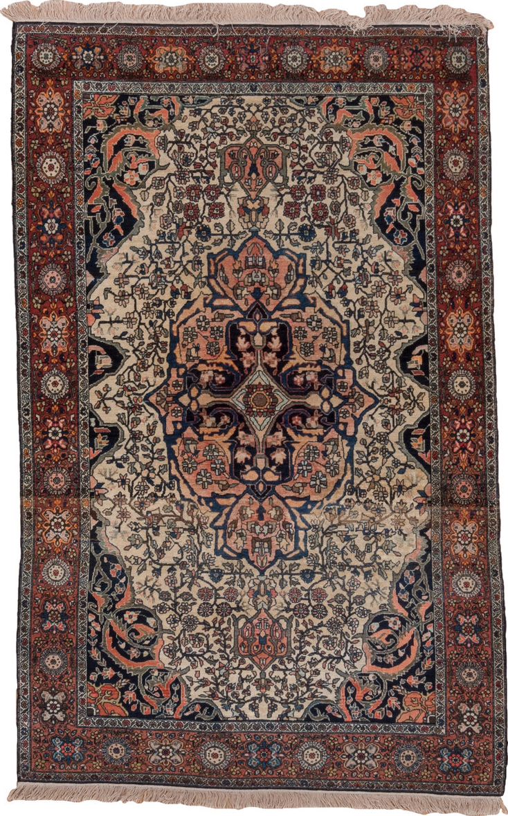4' x 6' one-of-a-kind handmade vintage Far.Sarouk small size rug. Color palette: black, blue, brown, charcoal, gray