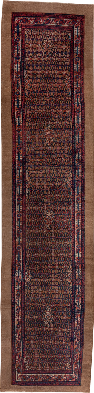 3' x 14' one-of-a-kind handmade vintage Cam Hamadan runner rug. Color palette: blue, brown, gray, pink, red, redwood