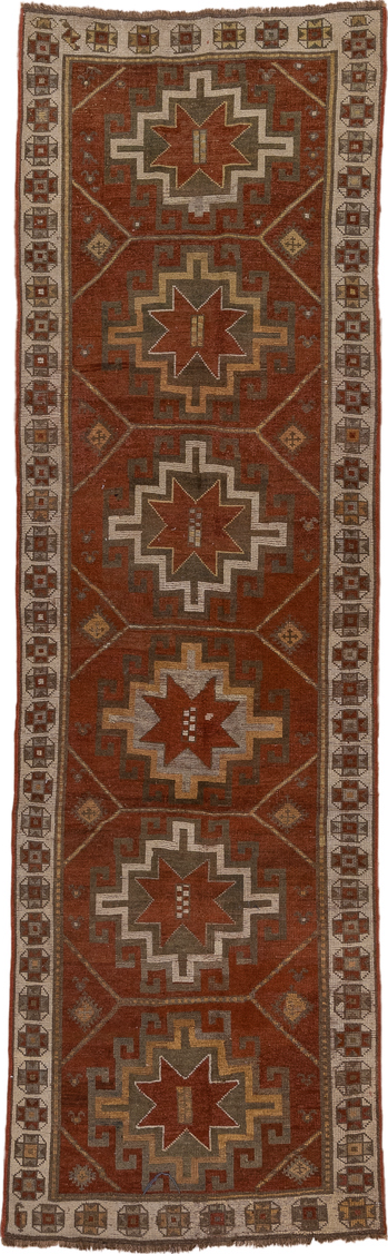 3' x 9' one-of-a-kind handmade vintage Caucasian runner rug. Color palette: brown, off-white, snow, white, whitesmoke