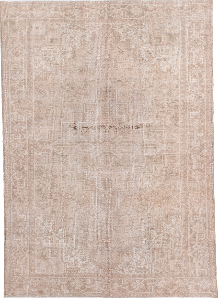 6' x 9' one-of-a-kind handmade vintage Heriz medium size rug. Color palette: brown, floral white, gray, light gray, linen