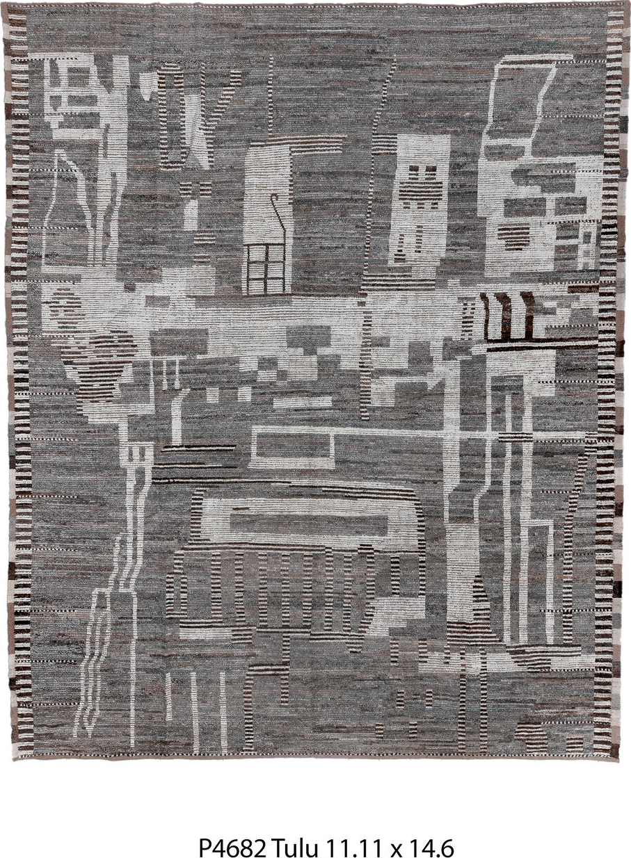 11' x 14' one-of-a-kind handmade vintage Tulu oversize rug. Color palette: black, dark gray, dim gray, gainsboro, gray