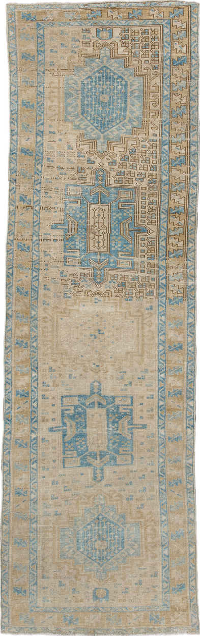 3' x 10' one-of-a-kind handmade vintage Heriz runner rug. Color palette: brown, gray, light blue, light gray, off-white