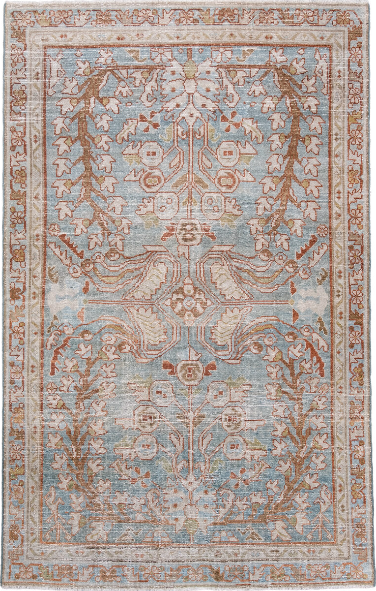 4' x 6' one-of-a-kind handmade vintage Lilian small size rug. Color palette: brown, dim gray, gainsboro, gray, light gray