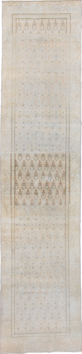 3' x 12' one-of-a-kind handmade vintage Sparta runner rug. Color palette: gray, light gray, off-white, brown, pink