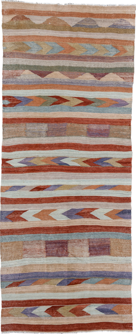3' x 7' one-of-a-kind handmade vintage Kilim runner rug. Color palette: blue, brown, gray, light gray, off-white, pink, red