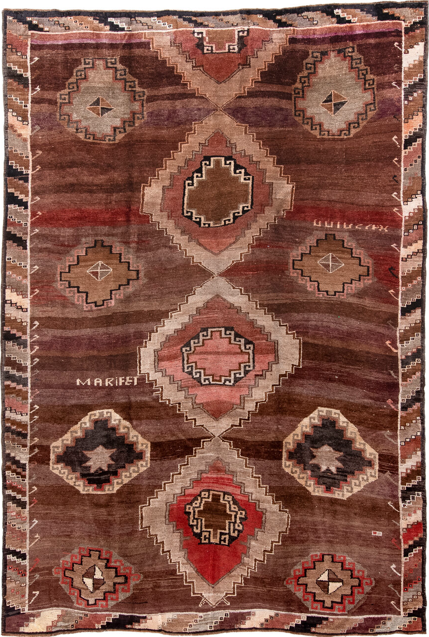 7' x 11' one-of-a-kind handmade vintage Kars large size rug. Color palette: brown, gray, maroon, off-white, orange, pink