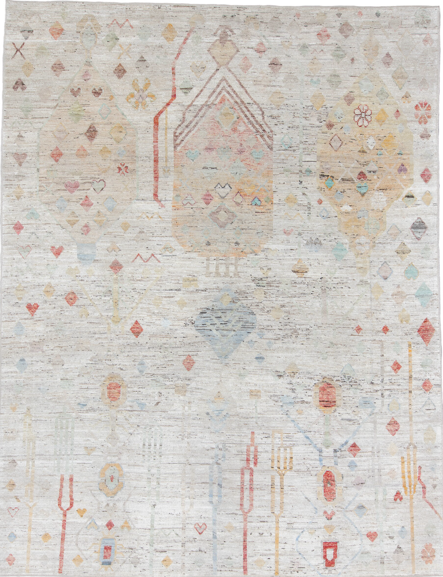 10' x 13' one-of-a-kind handmade vintage Tulu large size rug. Color palette: brown, dark gray, dim gray, gainsboro, gray