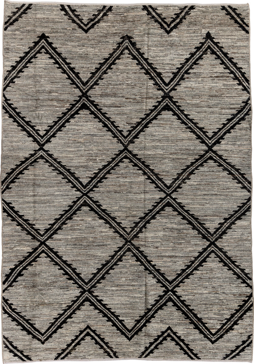 7' x 10' one-of-a-kind handmade vintage Tulu large size rug. Color palette: black, charcoal, dark gray, gray, light gray