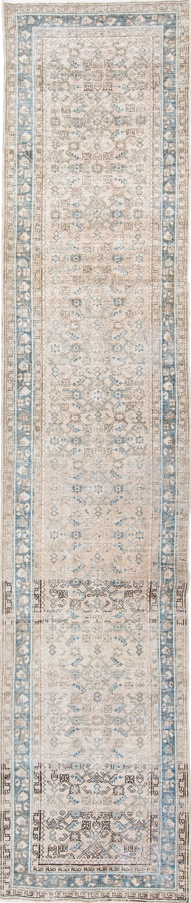 2' x 12' one-of-a-kind handmade vintage Malayer runner rug. Color palette: dark gray, dim gray, gainsboro, gray, light gray