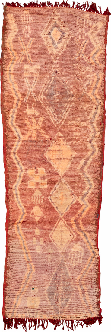 2' x 7' one-of-a-kind handmade vintage Moroccan runner rug. Color palette: brown, orange, pink, red