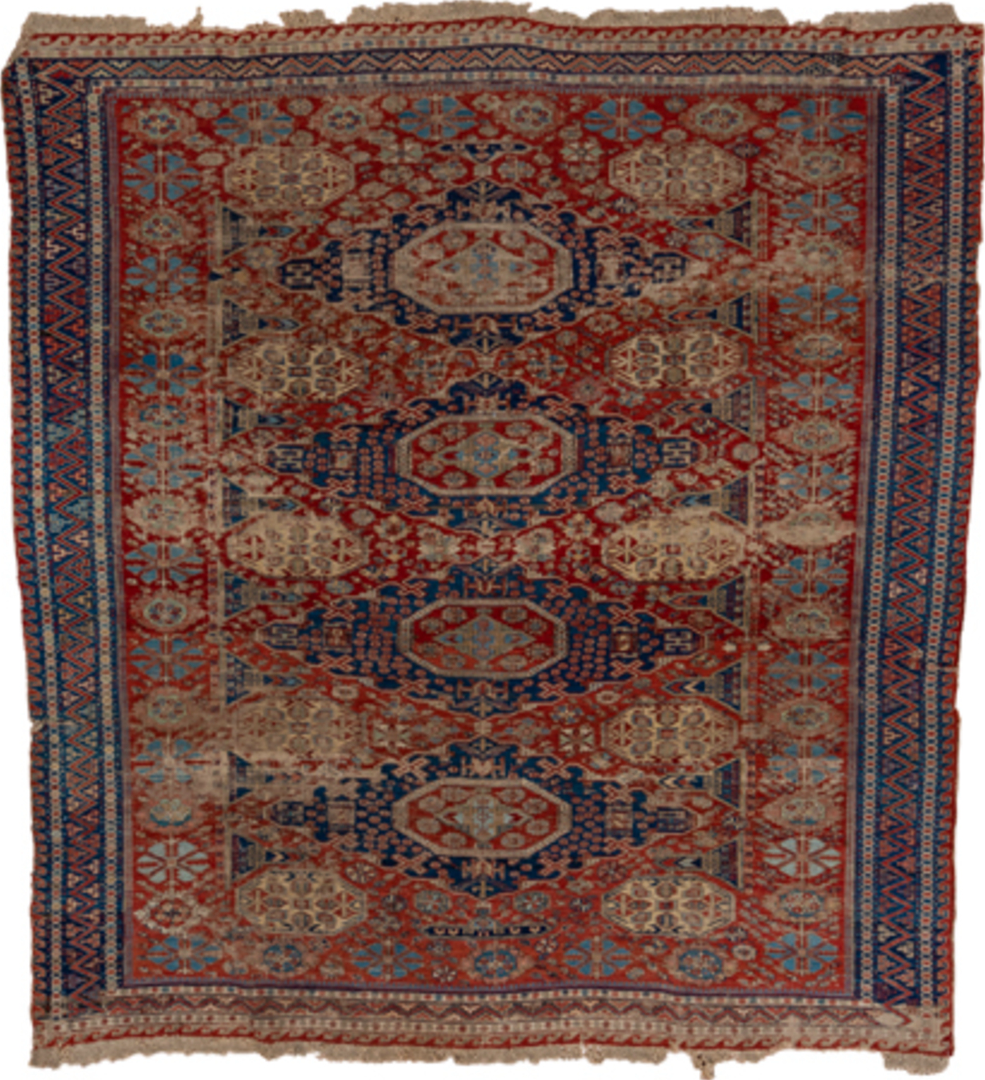 8' x 9' one-of-a-kind handmade vintage Sumak rug. Color palette: blue, brown, gray, red, redwood