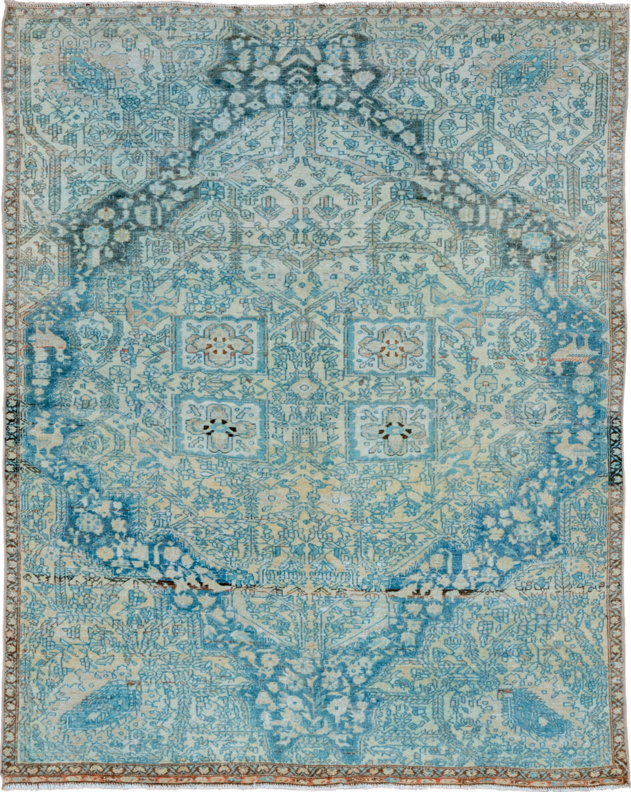 4' x 6' one-of-a-kind handmade vintage Malayer small size rug. Color palette: blue, brown, dark slate gray, gray, light blue