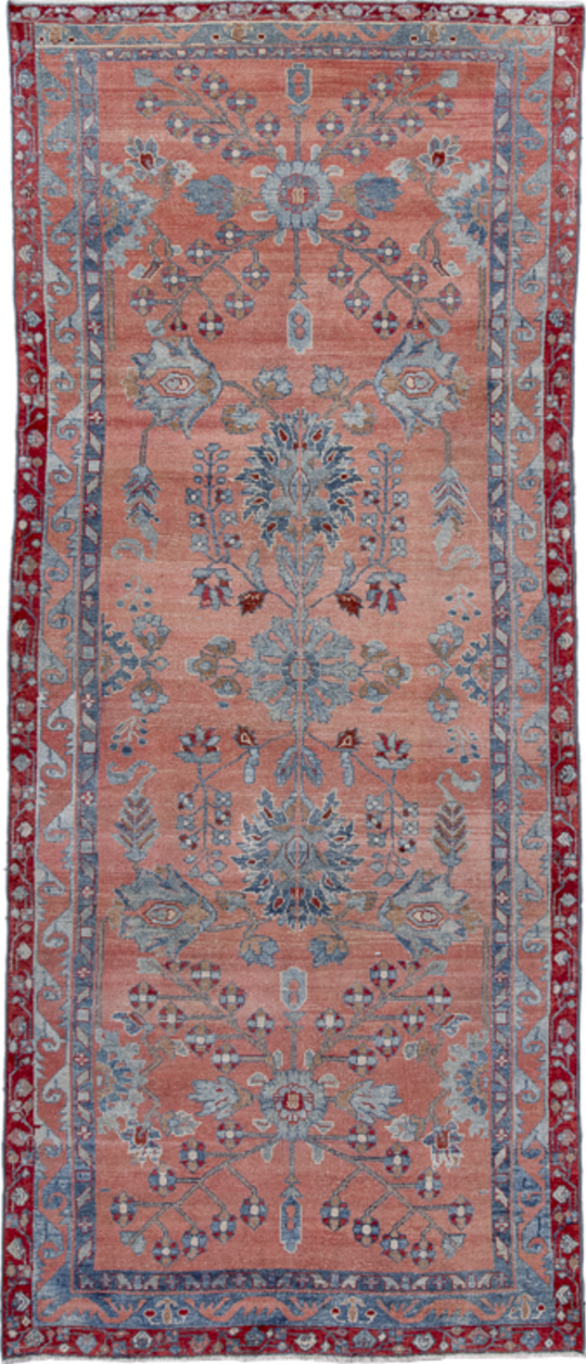 4' x 9' one-of-a-kind handmade vintage Lilian runner rug. Color palette: blue, brown, dark gray, gray, pink, red, slate gray
