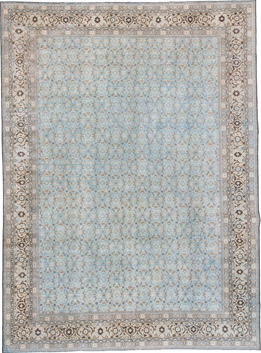 10' x 14' one-of-a-kind handmade vintage Tabriz large size rug. Color palette: brown, dark gray, dim gray, gray, light blue
