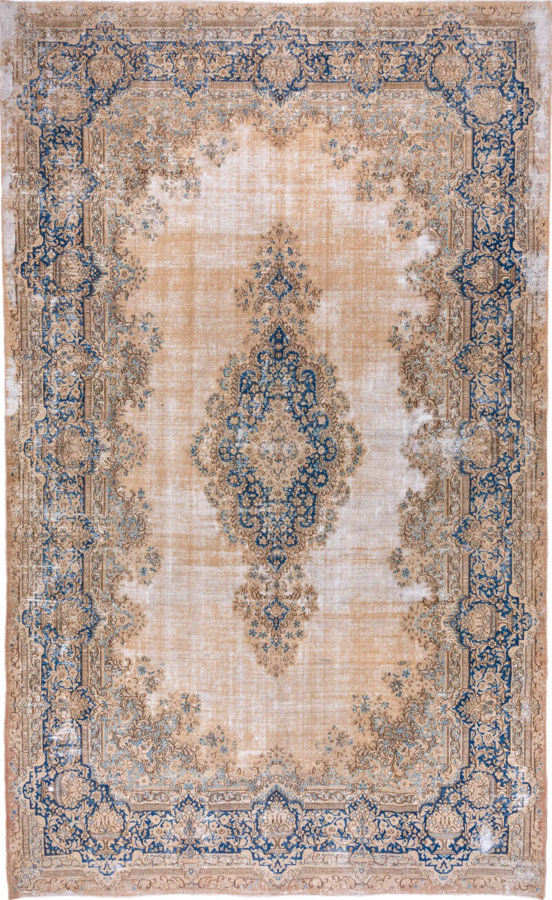 9' x 15' one-of-a-kind handmade vintage Kerman rug. Color palette: blue, brown, fiord, gainsboro, gray, light gray