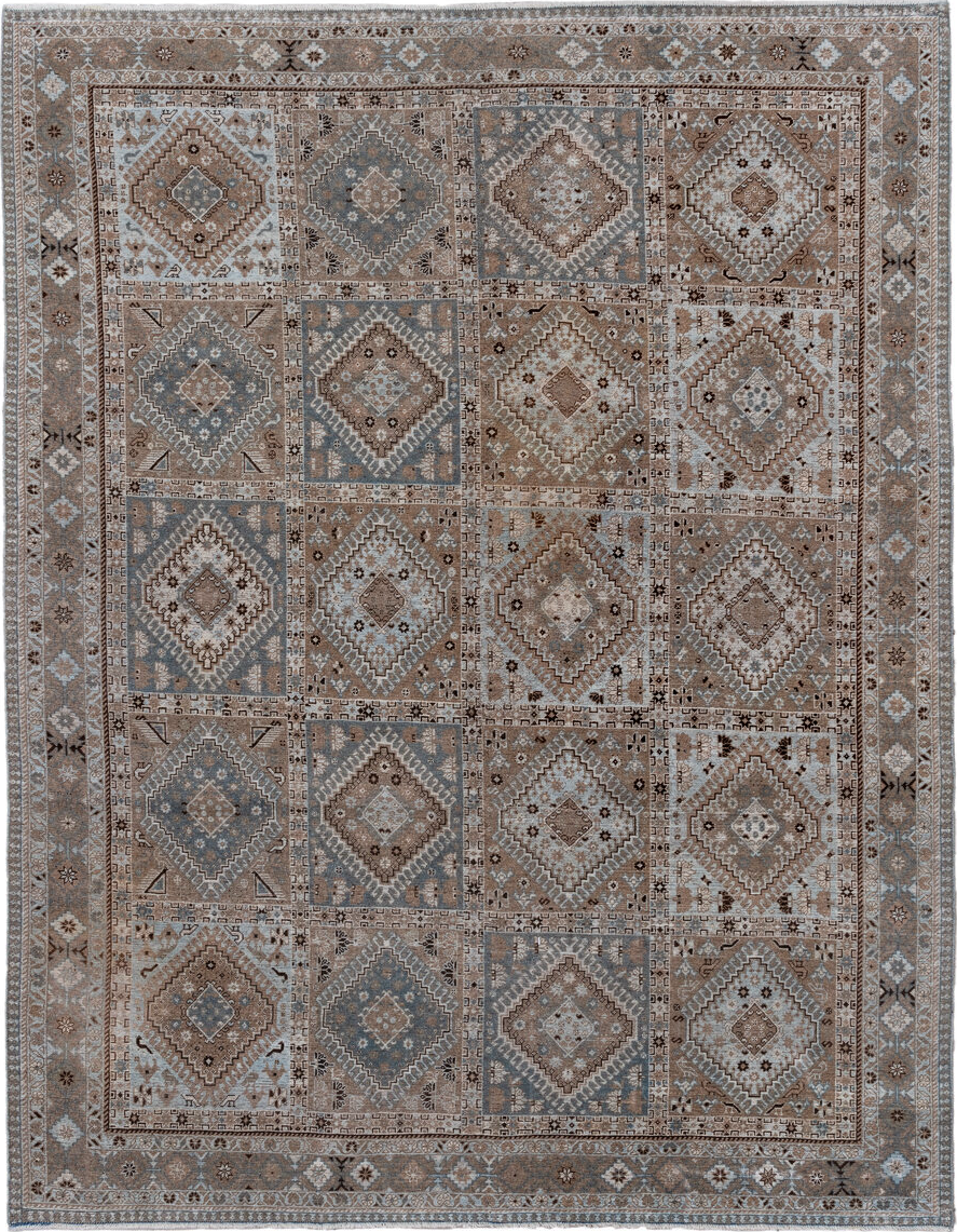 6' x 8' one-of-a-kind handmade vintage Shiraz medium size rug. Color palette: black, brown, charcoal, dark gray, dim gray