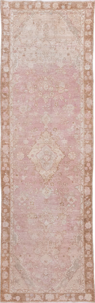 3' x 10' one-of-a-kind handmade vintage Dargazin runner rug. Color palette: brown, gray, light gray, off-white, pink, snow