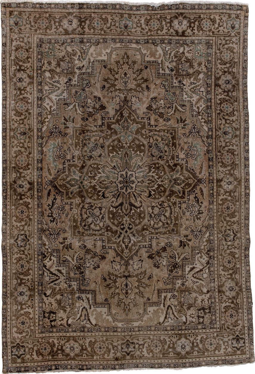 6' x 9' one-of-a-kind handmade vintage Heriz medium size rug. Color palette: light gray, off-white, gray, brown, black, pink