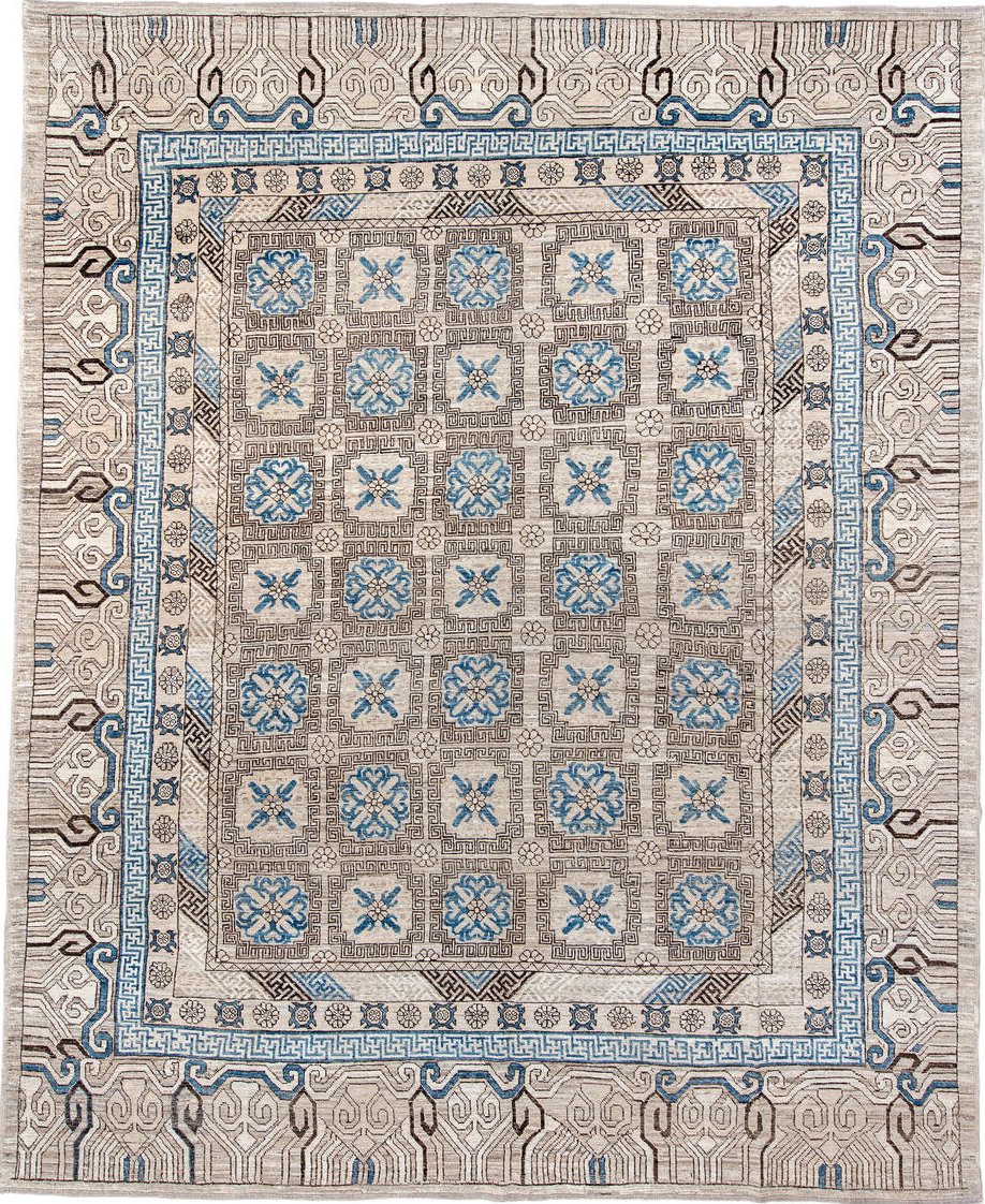 11' x 13' one-of-a-kind handmade vintage Khotan oversize rug. Color palette: antiquewhite, blue, fiord, gray, light blue