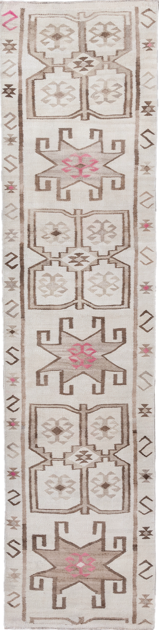 3' x 12' one-of-a-kind handmade vintage Kilim runner rug. Color palette: brown, gainsboro, gray, light gray, off-white, pink