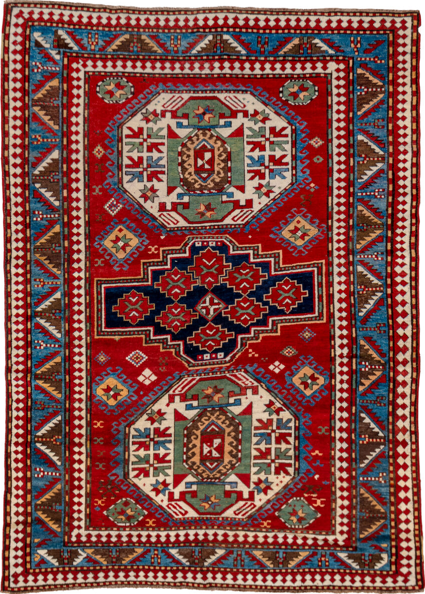 5' x 7' one-of-a-kind handmade vintage Kazak rug. Color palette: blue, brown, fiord, gray, light gray, pink, red, slate gray
