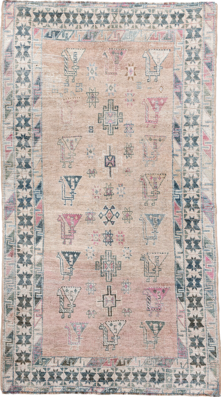 3' x 6' one-of-a-kind handmade vintage Gabbe small size rug. Color palette: gray, pink, off-white, black, brown, light gray