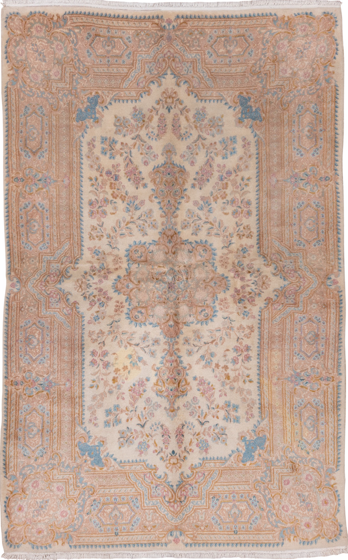 5' x 9' one-of-a-kind handmade vintage Kerman medium size rug. Color palette: brown, gray, light gray, off-white, orange