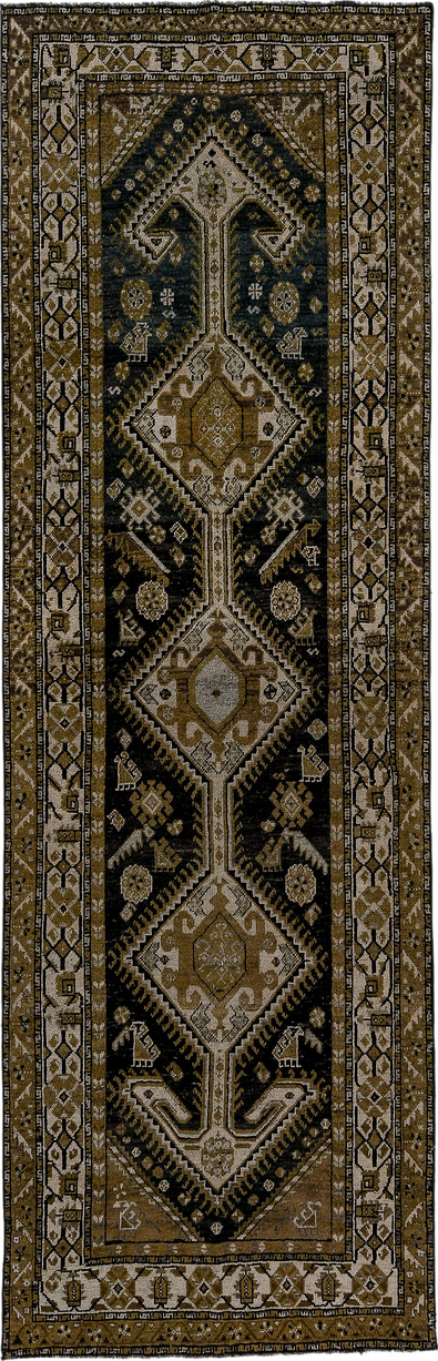 3' x 11' one-of-a-kind handmade vintage Kurd runner rug. Color palette: black, brown, gray, light gray, off-white, charcoal