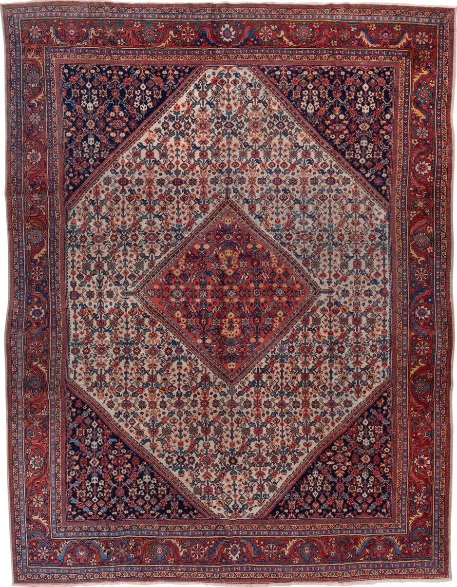 9' x 11' one-of-a-kind handmade vintage Farahan large size rug. Color palette: blue, brown, gray, light gray, pink, red
