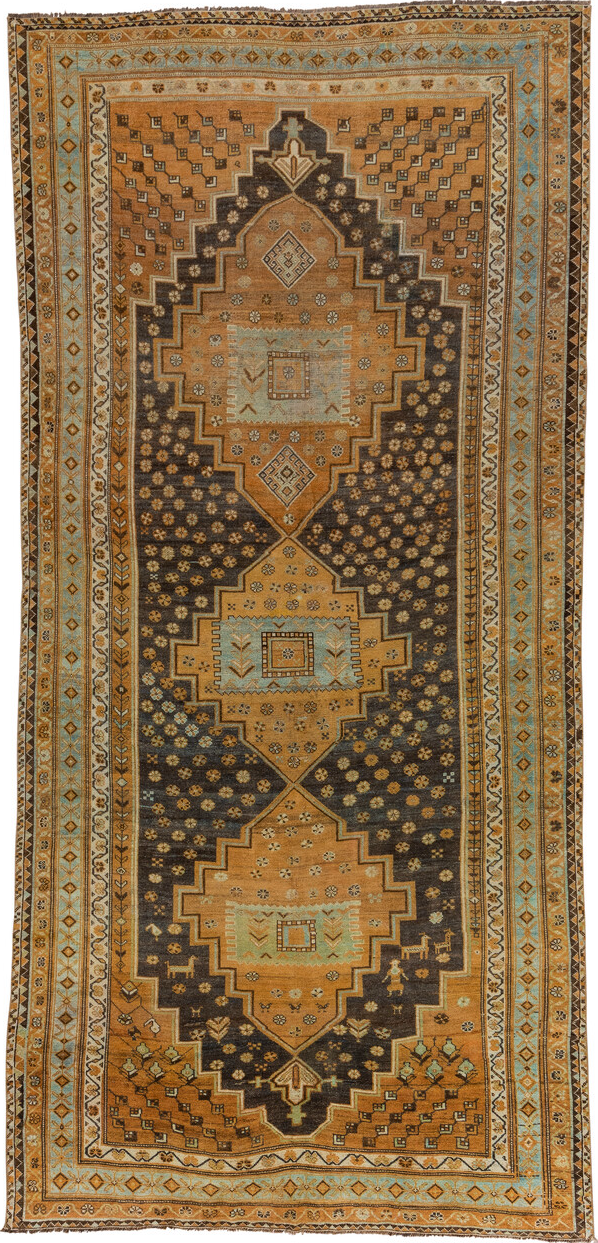 6' x 12' one-of-a-kind handmade vintage Kurd large size rug. Color palette: brown, gray, off-white, orange