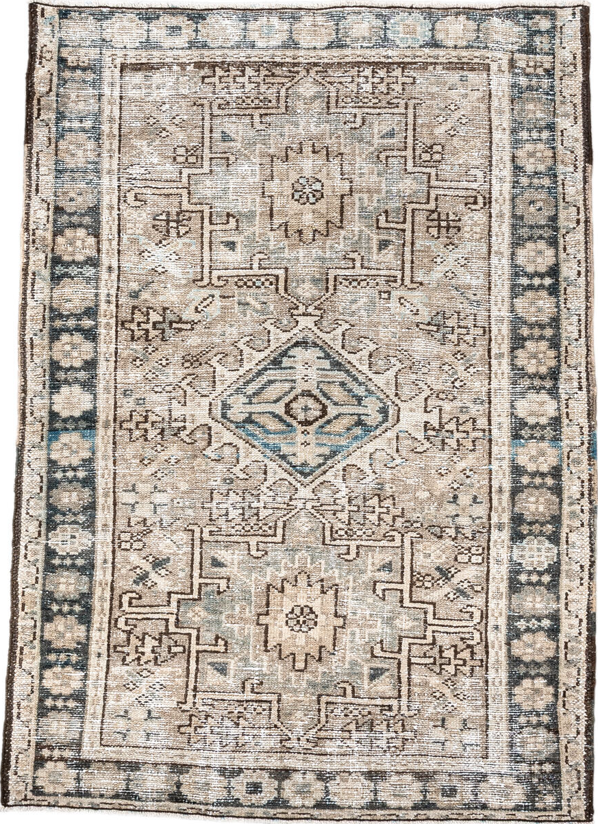 2' x 4' one-of-a-kind handmade vintage Karaje small size rug. Color palette: antiquewhite, black, blue, brown, charcoal