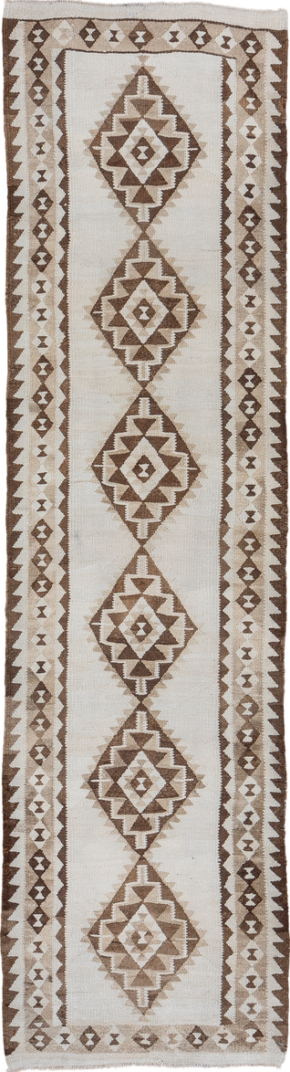 3' x 11' one-of-a-kind handmade vintage Kilim runner rug. Color palette: brown, gainsboro, gray, light gray, off-white