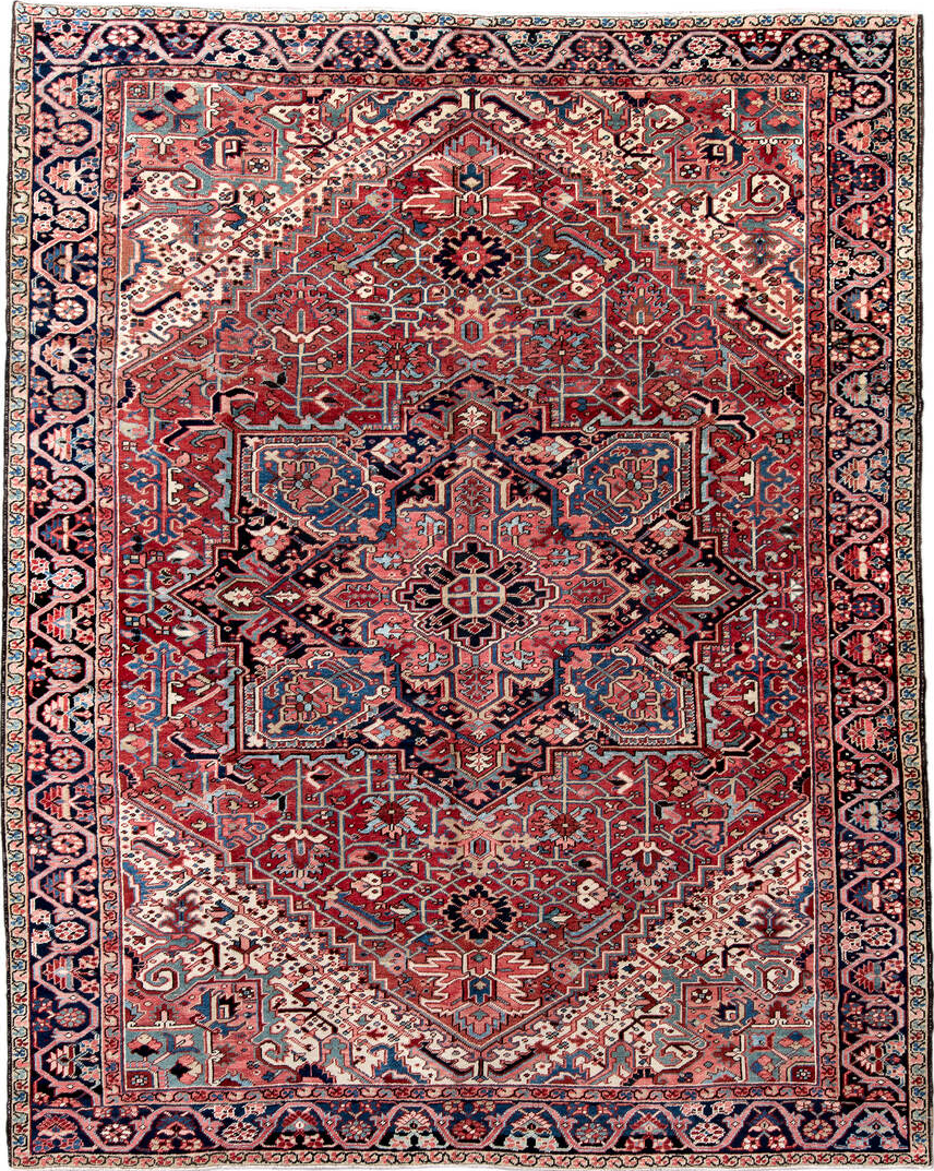 9' x 12' one-of-a-kind handmade vintage Heriz large size rug. Color palette: antiquewhite, blue, brown, dark gray, gray
