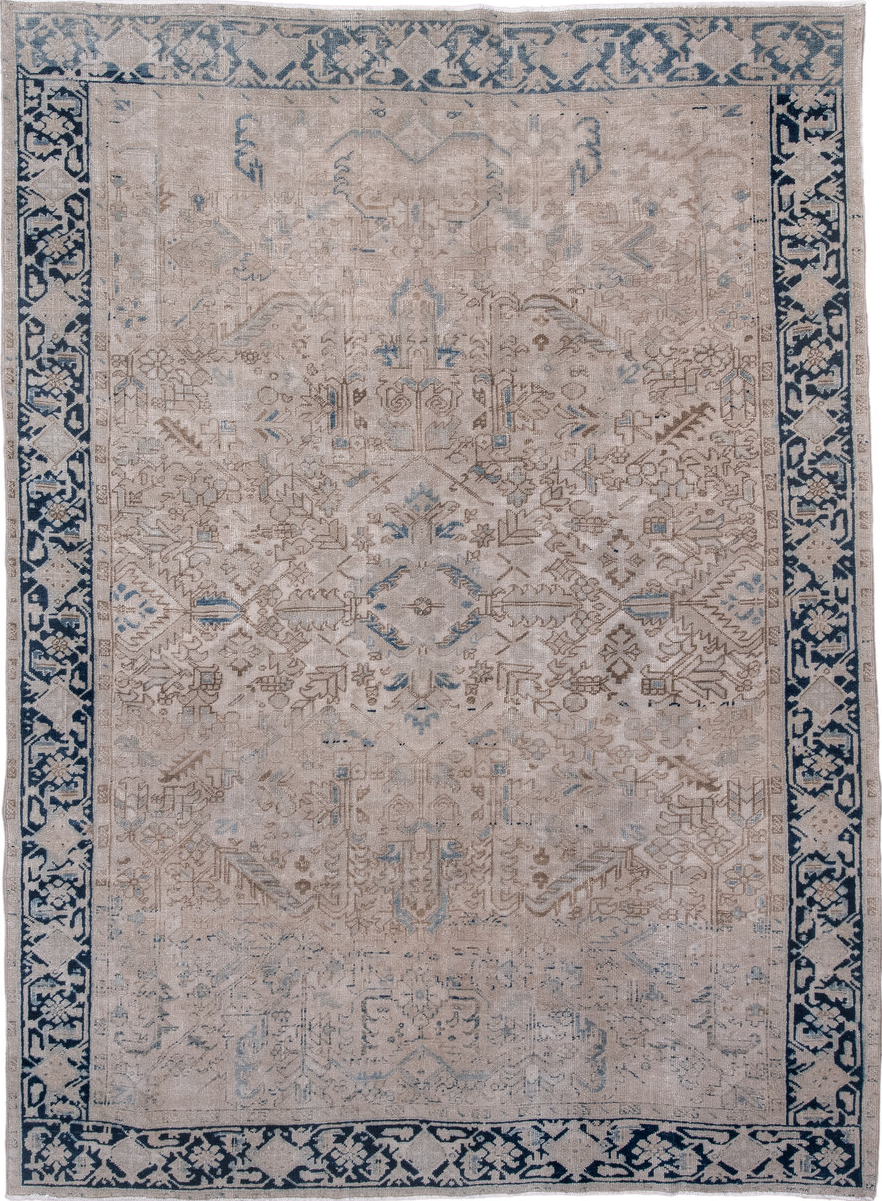 7' x 10' one-of-a-kind handmade vintage Heriz large size rug. Color palette: blue, brown, dark gray, fiord, gray, light gray