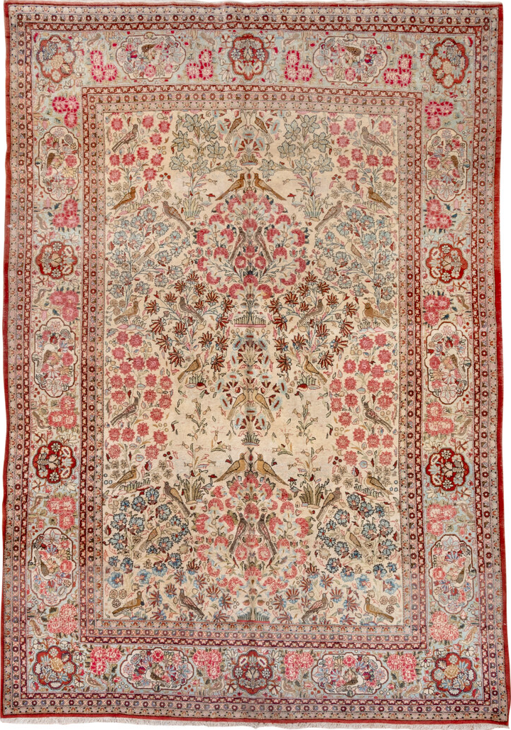 6' x 10' one-of-a-kind handmade vintage large size rug. Color palette: brown, gray, light gray, off-white, orange, pink