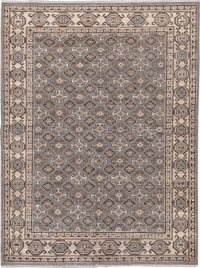 4' x 6' one-of-a-kind handmade vintage Khotan small size rug. Color palette: brown, dark gray, gray, light gray, off-white