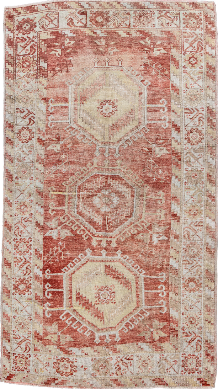 4' x 7' one-of-a-kind handmade vintage Oushak rug. Color palette: brown, gray, light gray, off-white, orange, pink, red