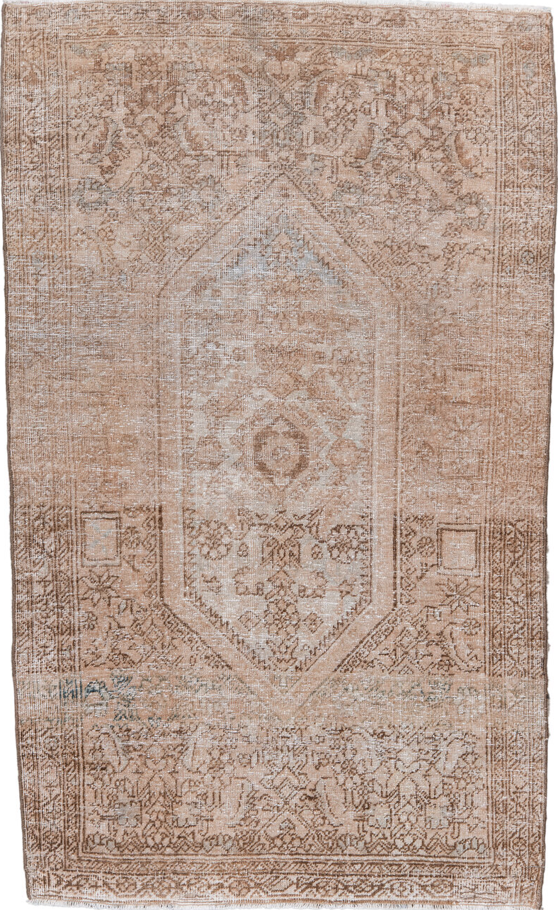 2' x 4' one-of-a-kind handmade vintage Sarouk small size rug. Color palette: brown, gray, light gray, off-white, pink