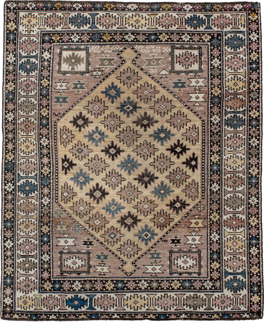 4' x 4' one-of-a-kind handmade vintage Shirvan small size rug. Color palette: arapawa, black, blue, brown, charcoal, gray