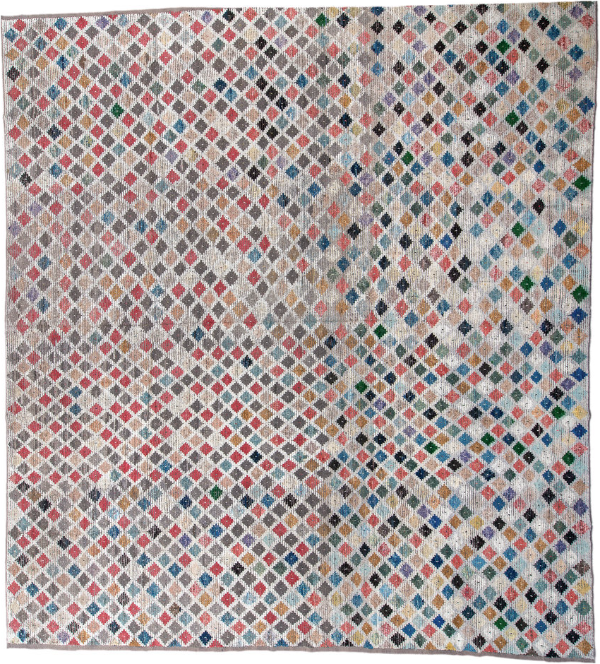 10' x 14' one-of-a-kind handmade vintage Tulu large size rug. Color palette: blue, brown, dark gray, dim gray, fiord, gray