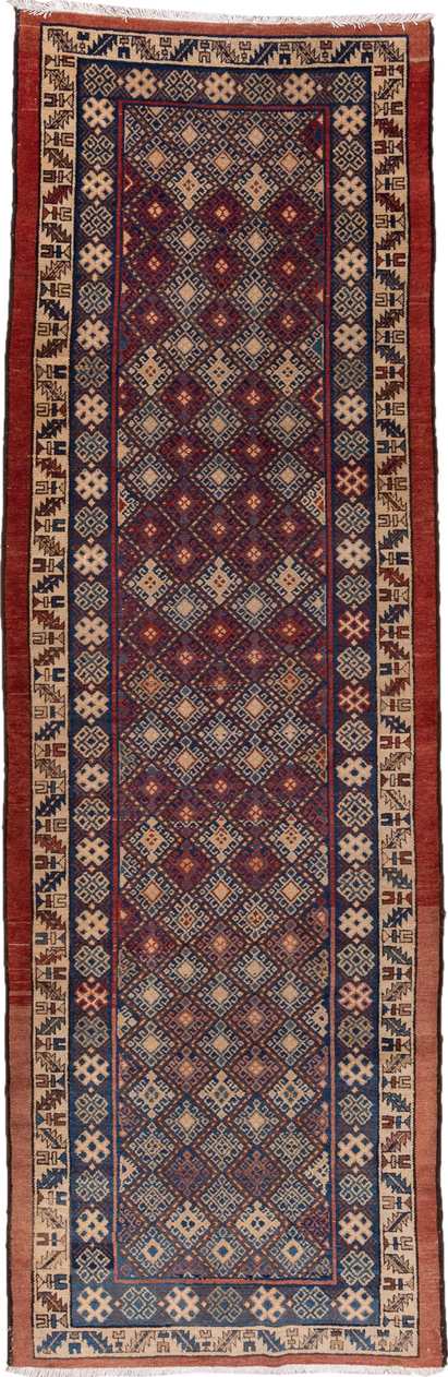 3' x 10' one-of-a-kind handmade vintage Malayer runner rug. Color palette: blue, brown, fiord, gray, orange, pink, red