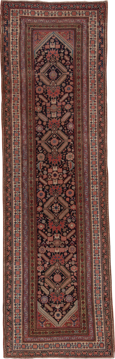 3' x 12' one-of-a-kind handmade vintage Malayer runner rug. Color palette: brown, gray, pink, red