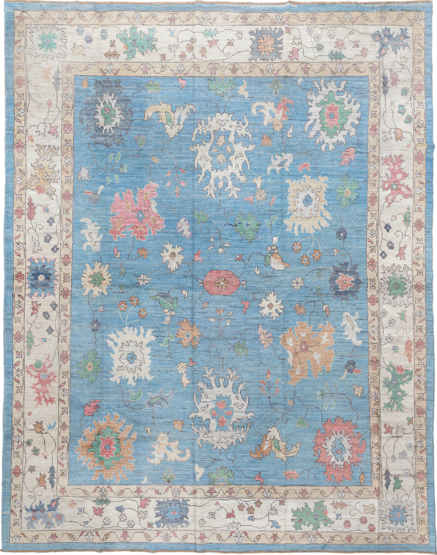 12' x 15' one-of-a-kind handmade vintage Oushak oversize rug. Color palette: blue, brown, dark gray, gainsboro, gray