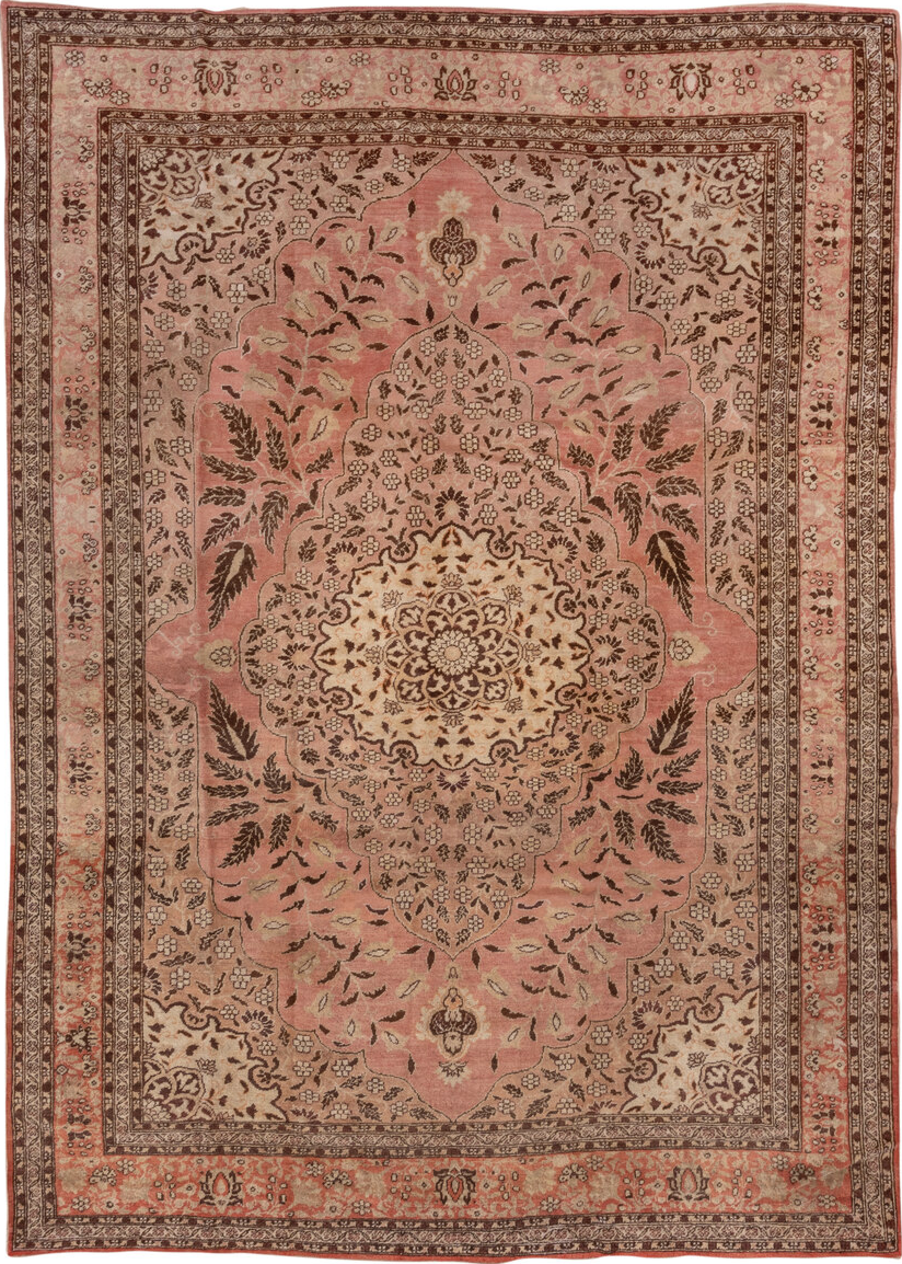 8' x 11' one-of-a-kind handmade vintage Oushak large size rug. Color palette: brown, pink