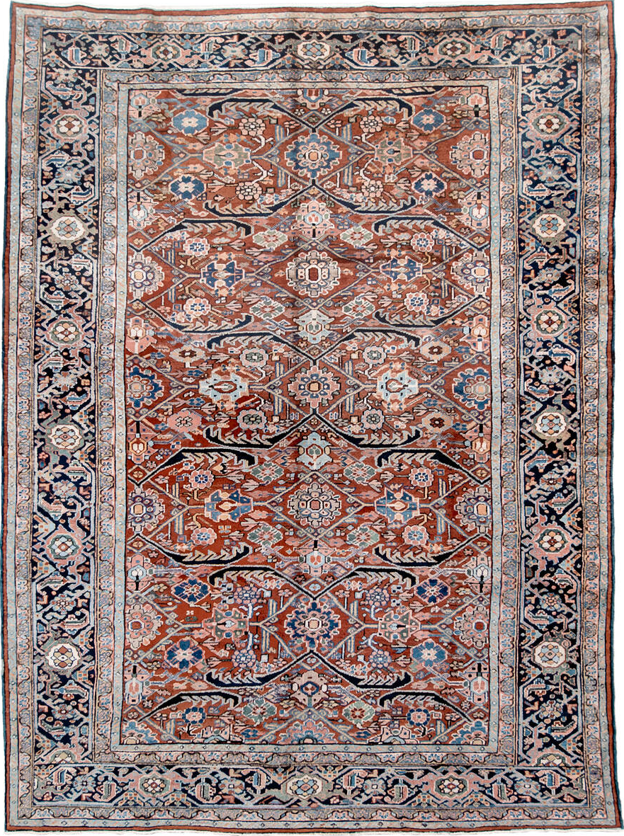 9' x 12' one-of-a-kind handmade vintage Heriz large size rug. Color palette: black, blue, brown, fiord, gray, light gray